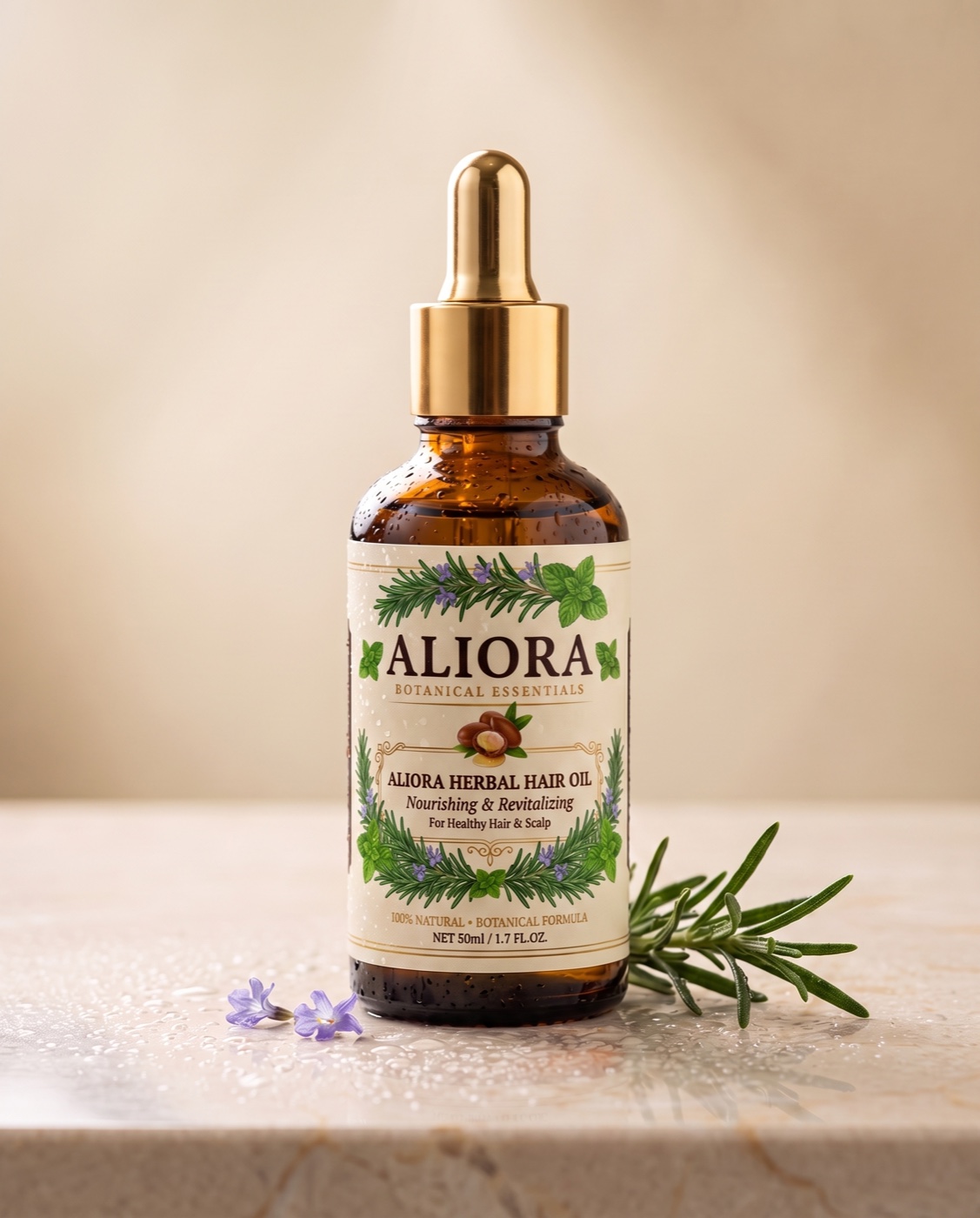 Aliora herbal hair oil, 50 ml bottle with the finished label