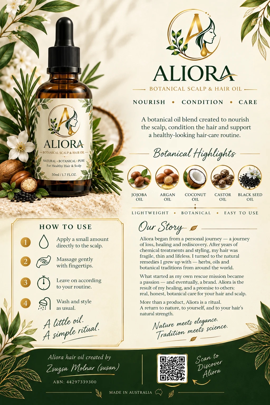 Aliora flyer: botanical scalp and hair oil, how to use, and the founder's story
