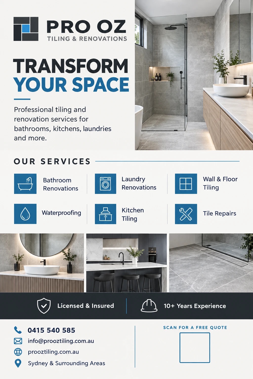 Pro Oz Tiling flyer — Transform your space, our services, and a QR code for a free quote